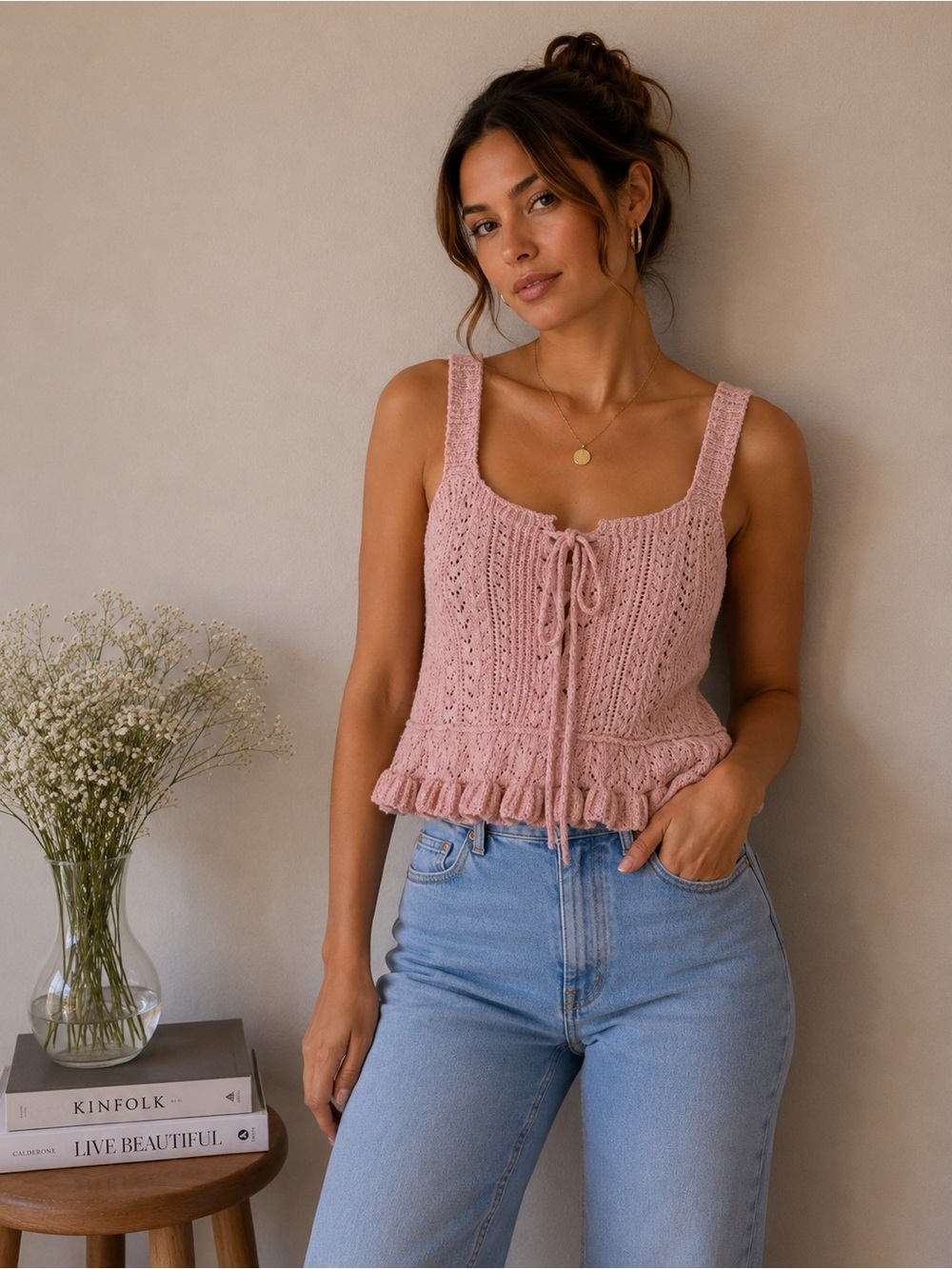 saltwater LUXE Blush Pink Knit Lace-Up Ruffle Camisole